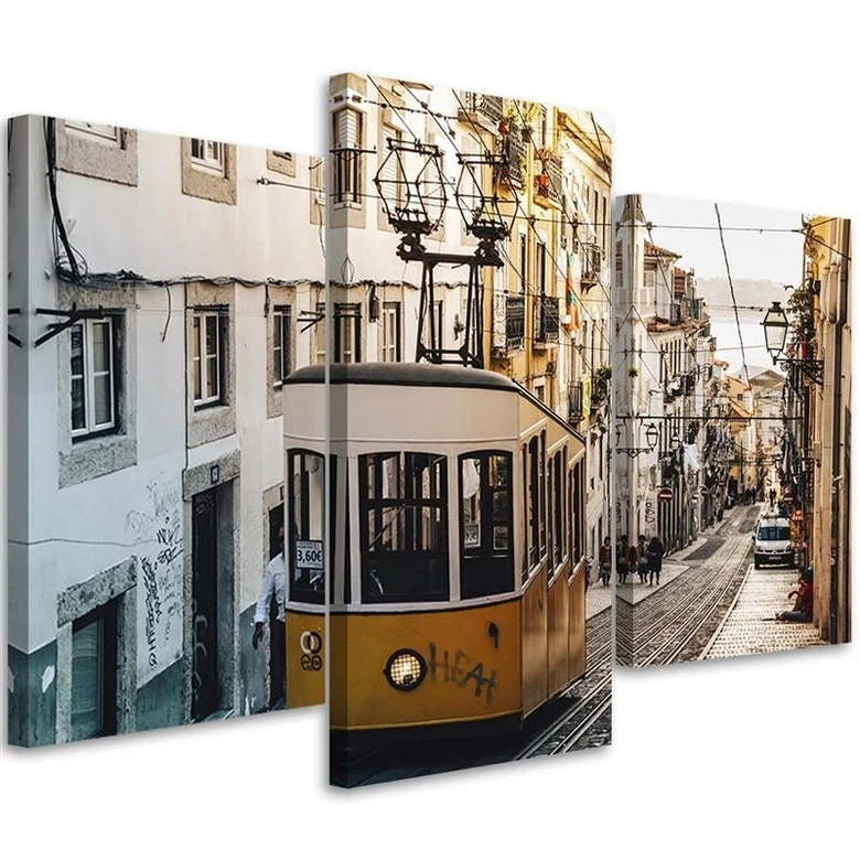 Leinwandbild 3-teilig, Straßenbahn Lissabon Stadt Gelb 