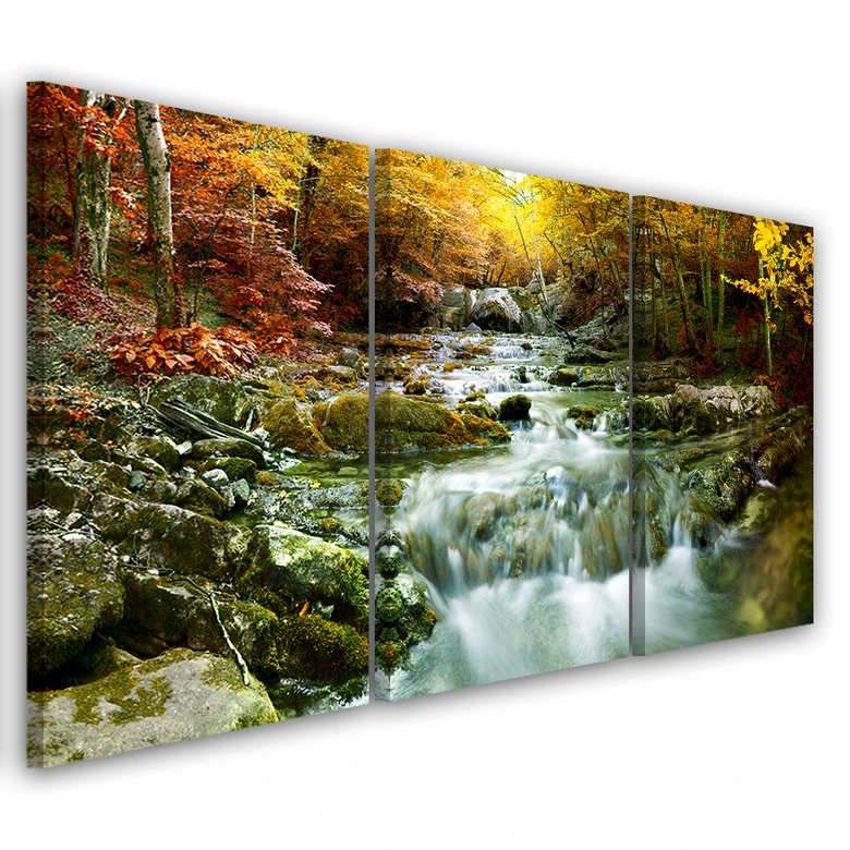 Leinwandbild 3-teilig, Herbst Wald Wasserfall Felsen 
