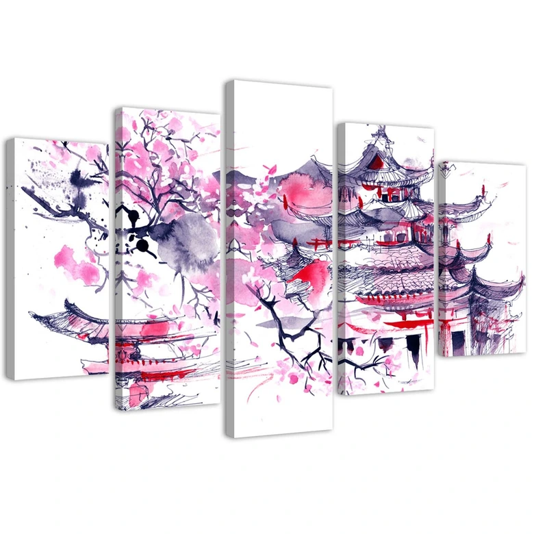 Leinwandbild 5 teilig, Japanische rosa Landschaft 