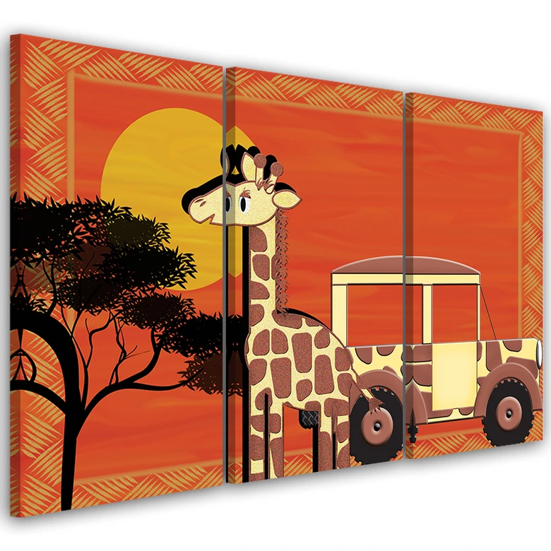 Leinwandbild 3-teilig, Giraffe Tiere Orange Kinder 