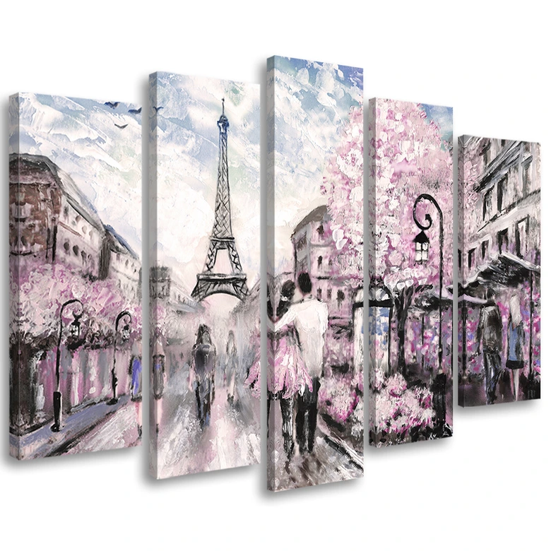 Leinwandbild 5 teilig, Frankreich Pariser Turm Pastell 