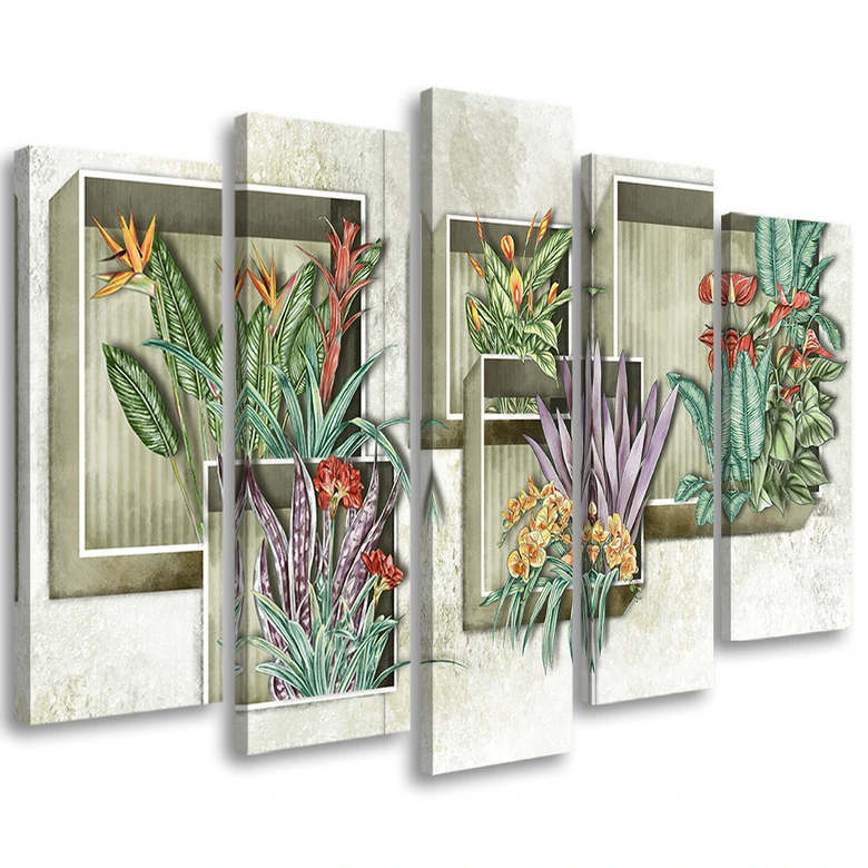Leinwandbild 5 teilig, Quadratkisten Regale mit Blumen 