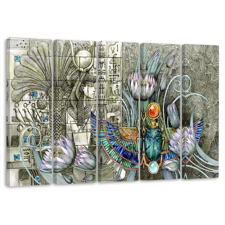 Leinwandbild 5 teilig, Ägyptische Hieroglyphen und Skarabäen 