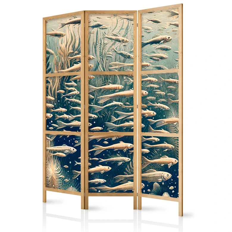 Japanischer Paravent, Raumteiler freistehend, Trennwand - Life in the Ocean in Retro Style 