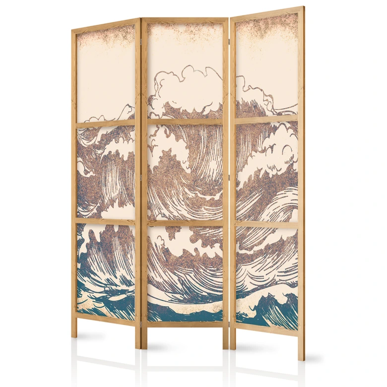 Japanischer Paravent, Raumteiler freistehend, Trennwand - Turbulent Ocean 