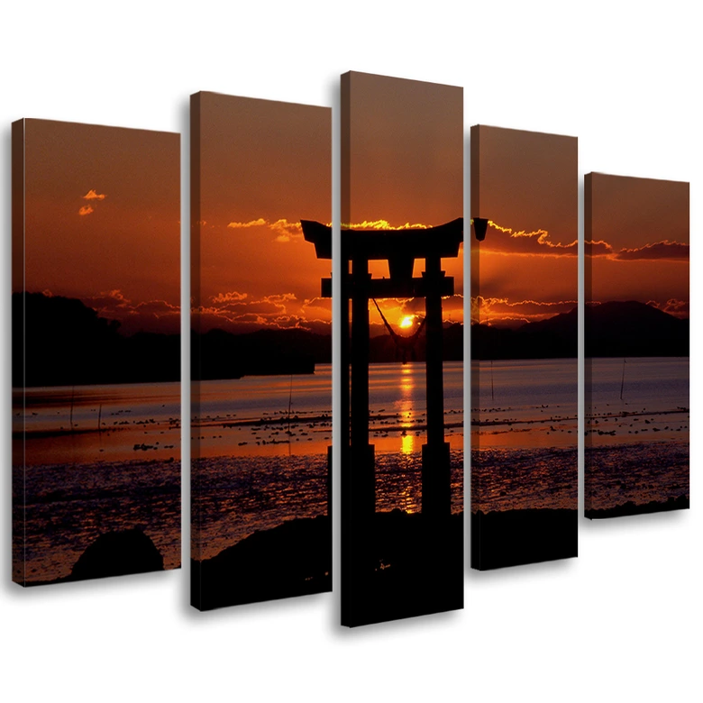 Leinwandbild 5 teilig, Torii-Tor bei Sonnenuntergang 