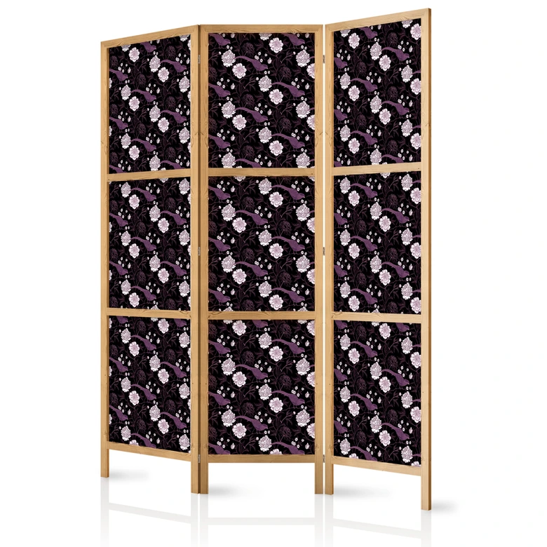 Japanischer Paravent, Raumteiler freistehend, Trennwand - Birds Among Flowers - Purple 