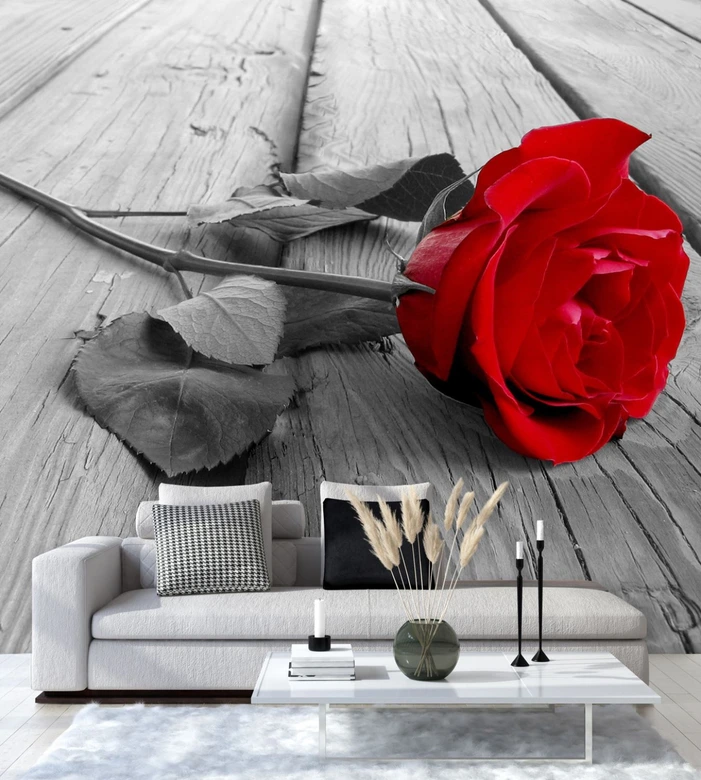 Fototapete, Rote Rose Blumen Holz Steg 