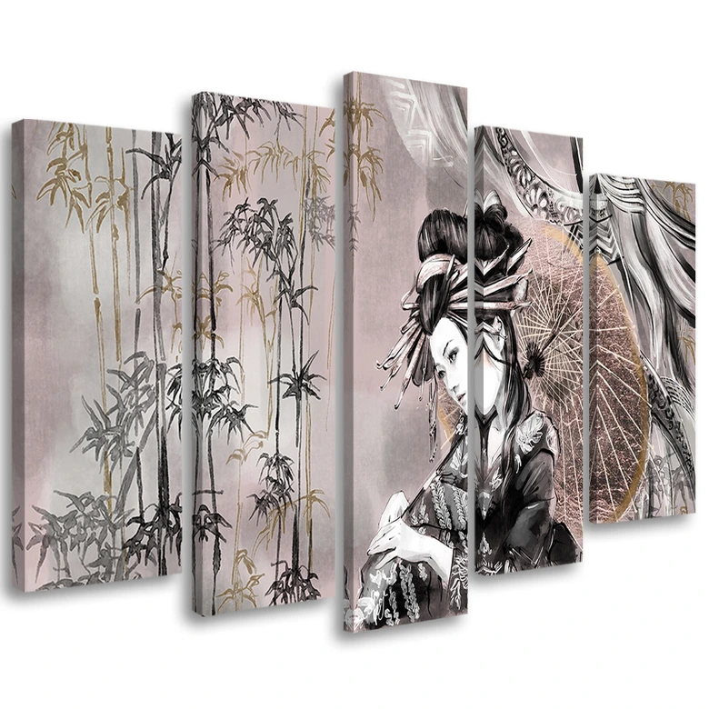 Lærred print 5 dele, geisha og bambus 