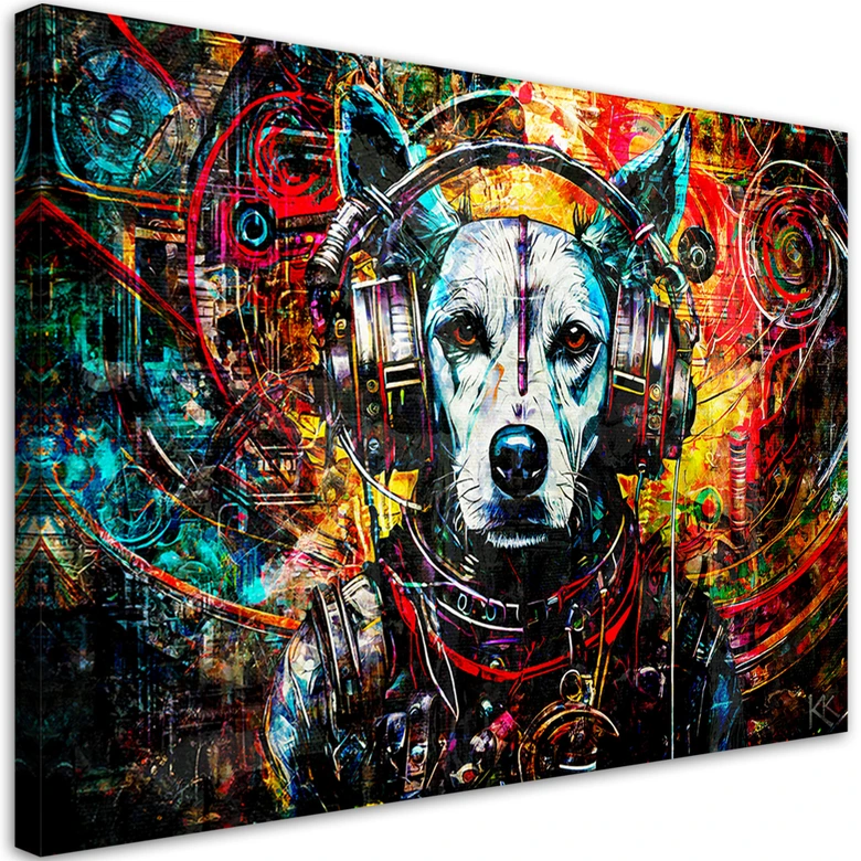 Leinwandbild, Hund mit Kopfhörern 