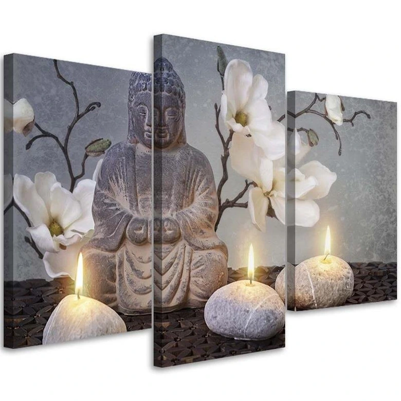 Leinwandbild 3-teilig, Buddha Orchidee Blumen Natur 