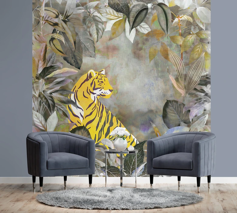 Fototapete, Tropische Blätter Tiger Abstrakt Gelb - Andrea Haase 