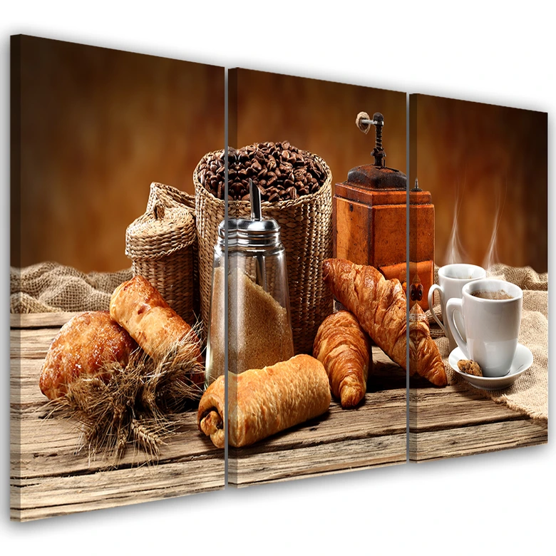 Leinwandbild 3-teilig, Kaffee mit Croissant 
