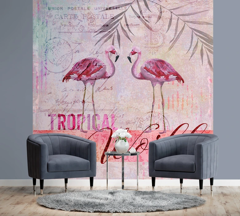 Fototapete, Shabby Chic Rosa Flamingo-Tiere - Andrea Haase 