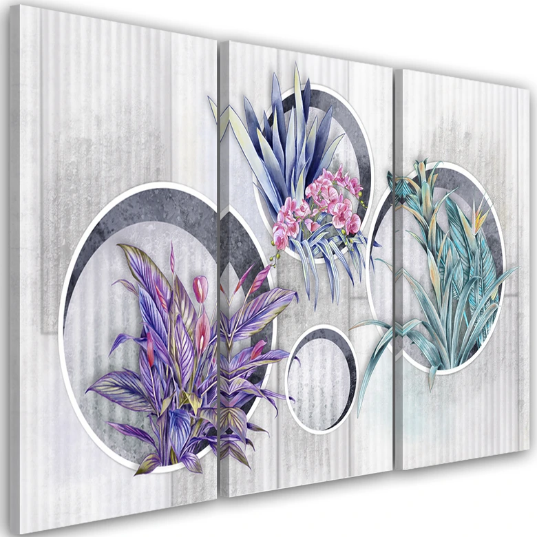 Leinwandbild 3 teilig, Quadratkisten Regale mit Blumen 