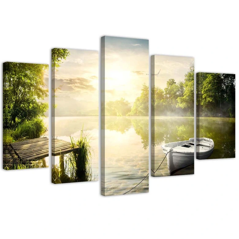 Leinwandbild 5 teilig, Sonnenaufgang See 