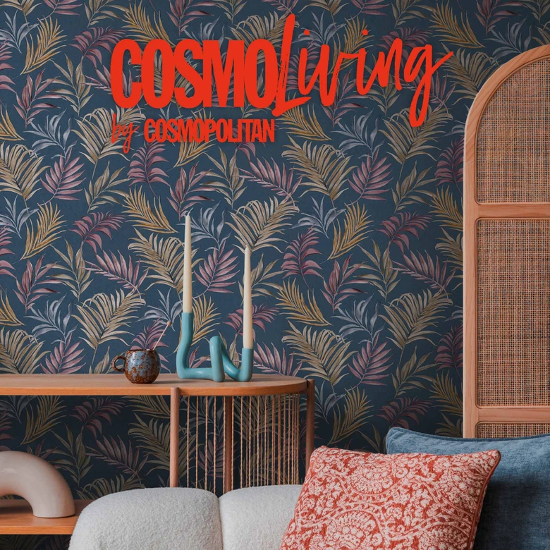 COSMOPOLITAN Palmen-Blätter Tapete Blau Gelb Rosa - tropische Vliestapete Küche 