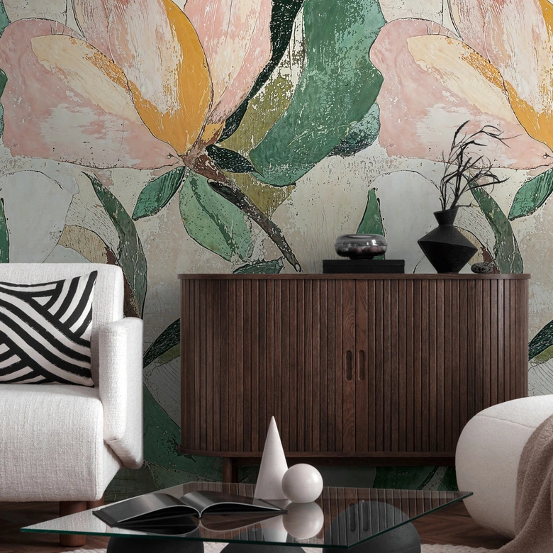 COSMOPOLITAN Wall Mural flower cream pink green used look non-woven wallpaper vintage look 