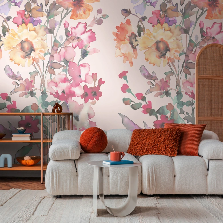 COSMOPOLITAN Wall Mural Flowers Watercolor Pink Colorful - modern non-woven wallpaper Floral 