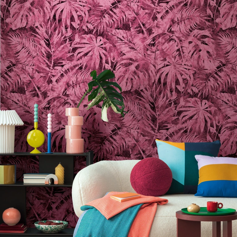 COSMOPOLITAN moderna selva hojas de color rosa Papel pintado no tejido patrón de palmera 