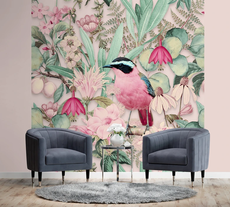 Fototapete, Shabby Chic Rosa Vogel Tropen - Andrea Haase 