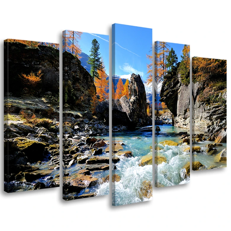 Leinwandbild 5 teilig, Berge Wasserfall Felsen 