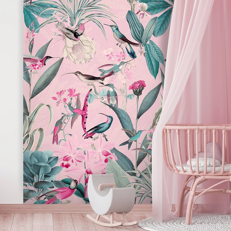 Fototapete, Dschungel Vögel und Blätter auf rosa Hintergrund - Andrea Haase 