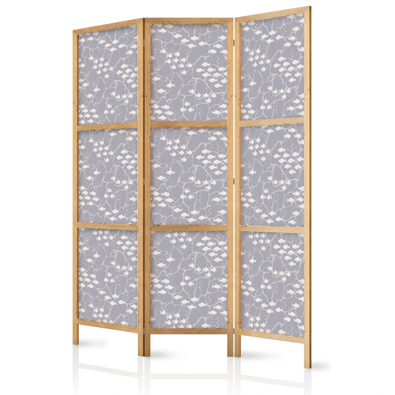 Japanischer Paravent, Raumteiler freistehend, Trennwand - Tiny Light-Beige Fish: Oceanic Depths 
