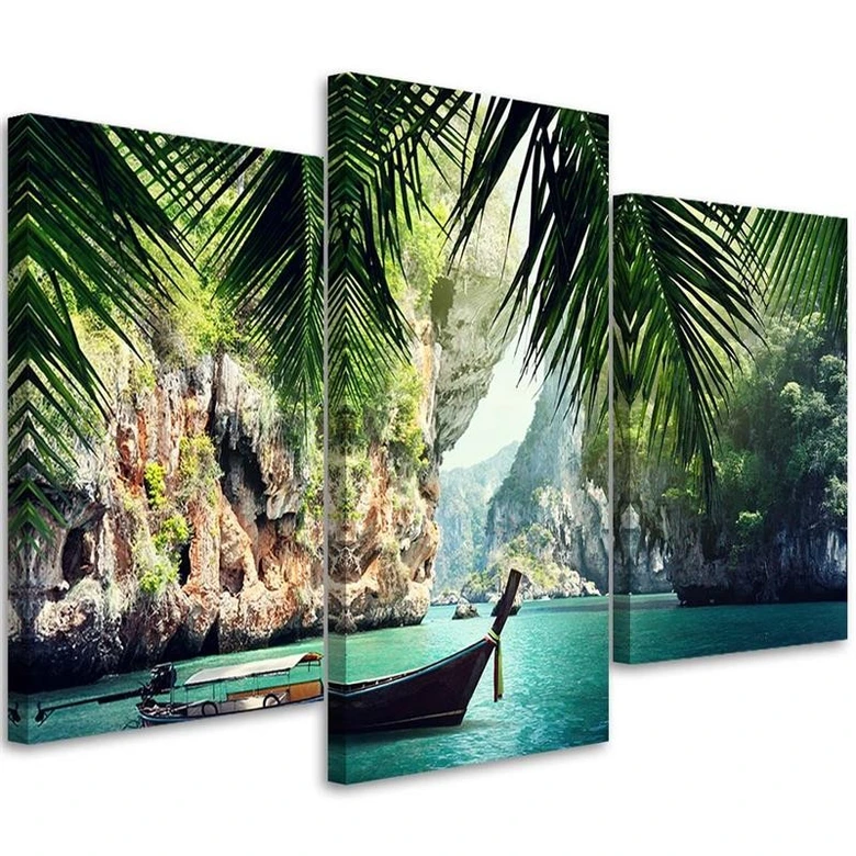 Leinwandbild 3-teilig, Tropische Palmen Strand Boot 