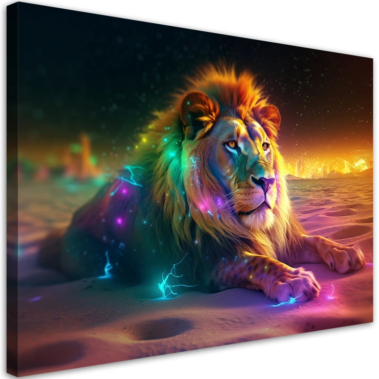 Leinwandbild, Tier AI Löwe Abstraktion Neon 