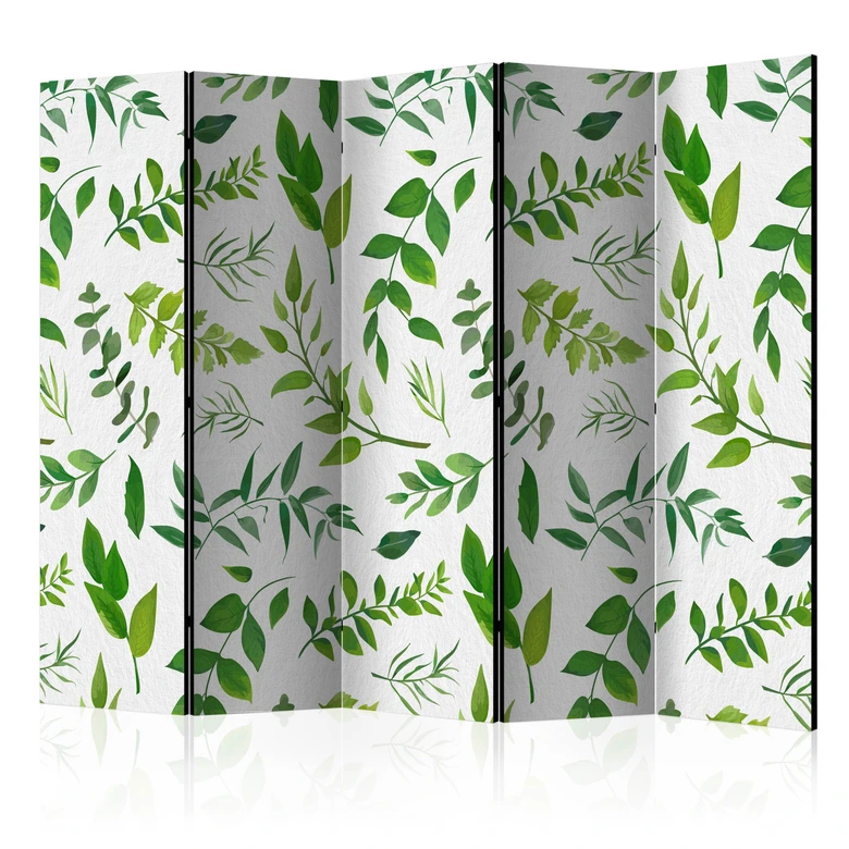 Paravent, Raumteiler freistehend, Trennwand - Green Twigs II, 5-teilig - einseitig bedruckt - 225x172 cm 
