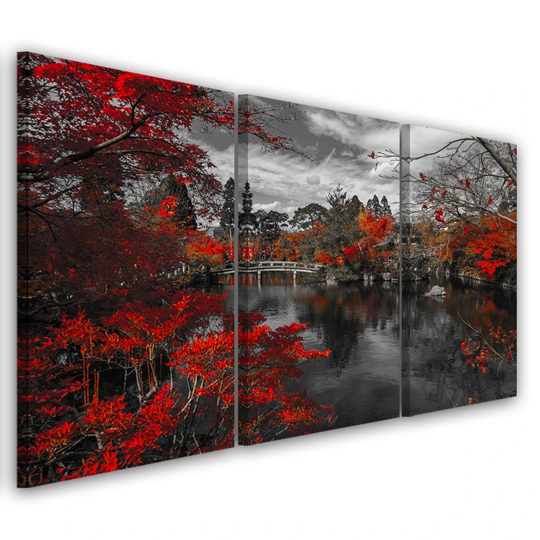 Leinwandbild 3-teilig, Garten Japan Rot 
