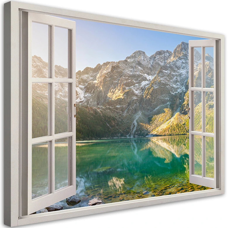 Leinwandbild, Fensterblick Wald im Nebel Berge 
