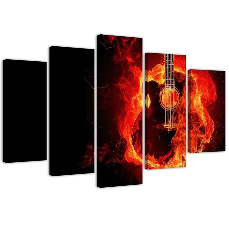 Leinwandbild 5 teilig, Gitarre Musik Feuer 