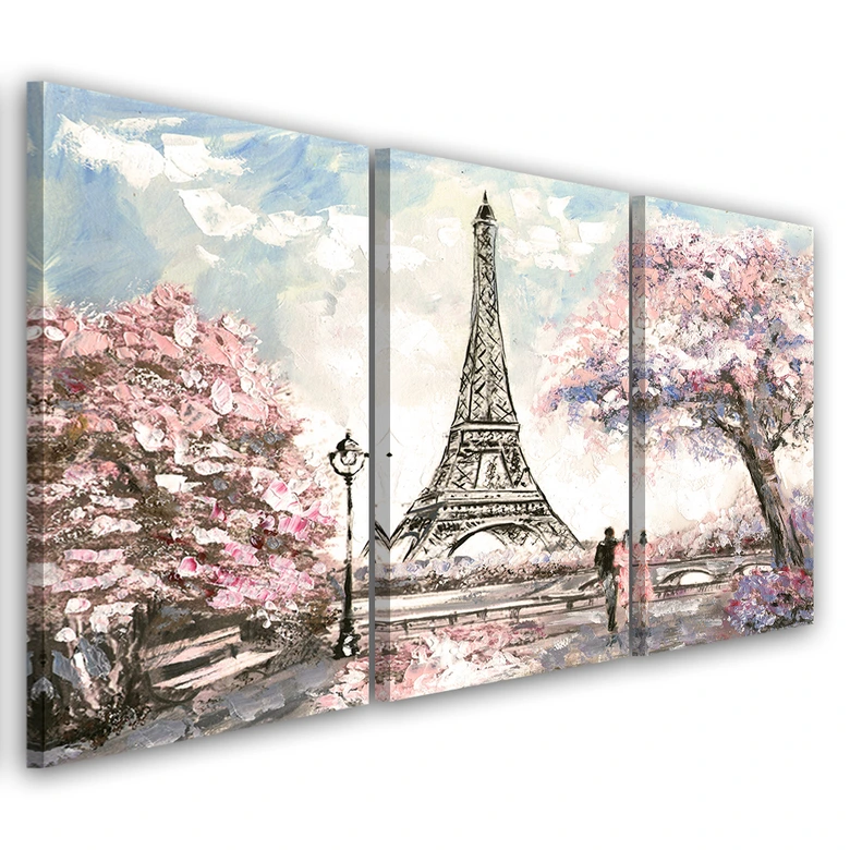 Leinwandbild 3-teilig, Eiffelturm Pastellfarben Rosa 