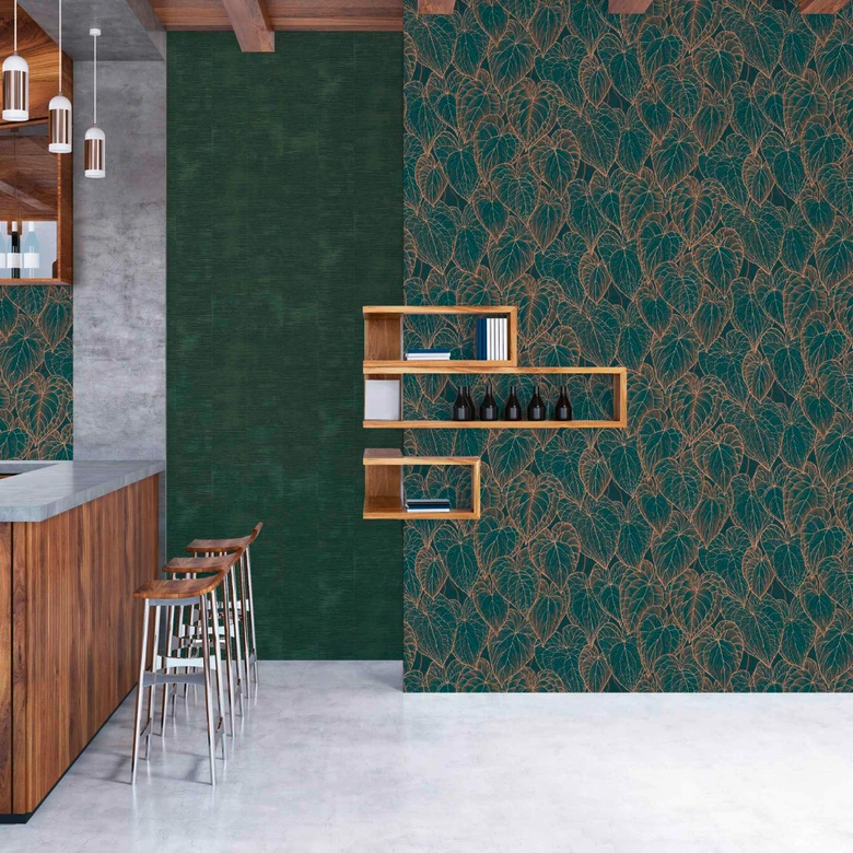 Papel pintado Hojas verde oscuro dorado - Muestra tropical con brillo - Papel pintado no tejido 