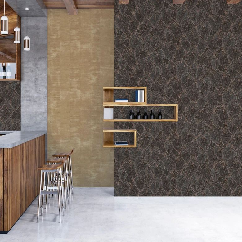 Tropical wallpaper black copper - leaf pattern modern glossy - non-woven wallpaper  