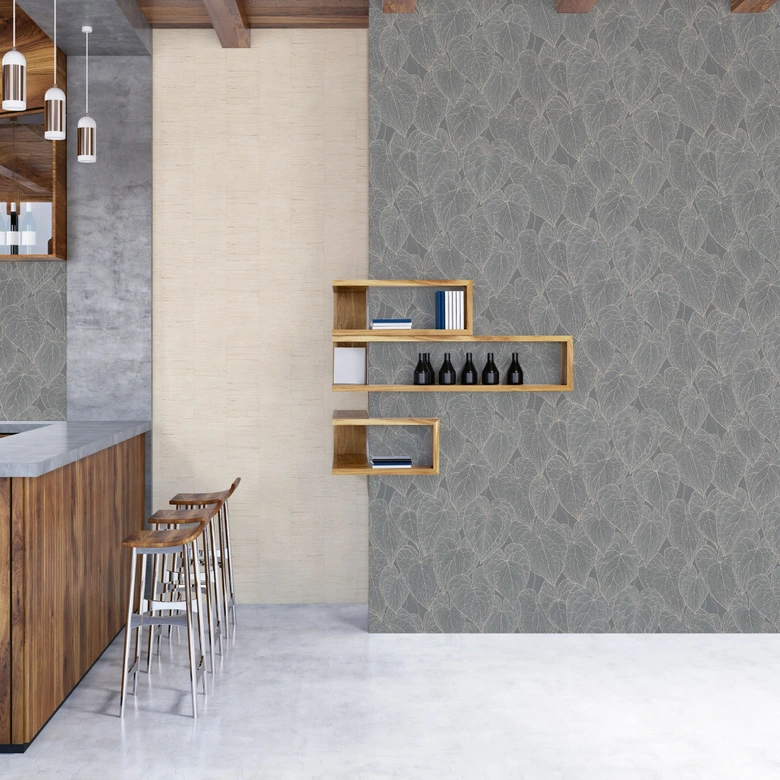 Leaves wallpaper gray silver - tropical pattern glossy - Patterned Wallpaper 