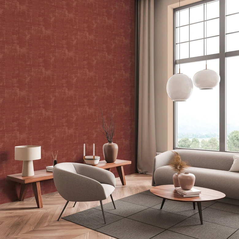 Textured wallpaper with a rusty red raffia look - natural tones - non-woven wallpaper with a linen texture 