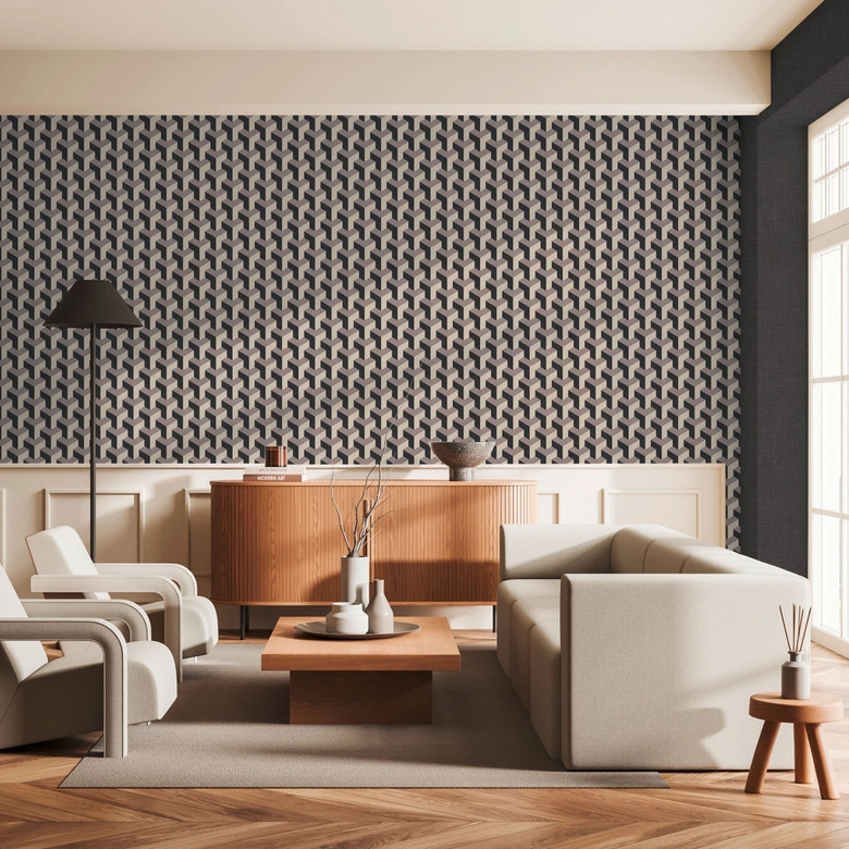 papier peint 3D cube noir beige gris - papier peint intissé géométrique moderne 