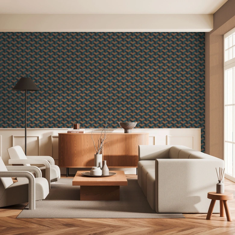 3D wallpaper cube pattern blue brown black - geometric non-woven wallpaper modern 