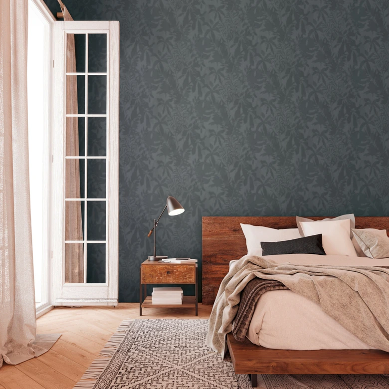 Leaf shadow wallpaper dark blue - tropical shadow pattern - non-woven wallpaper modern 