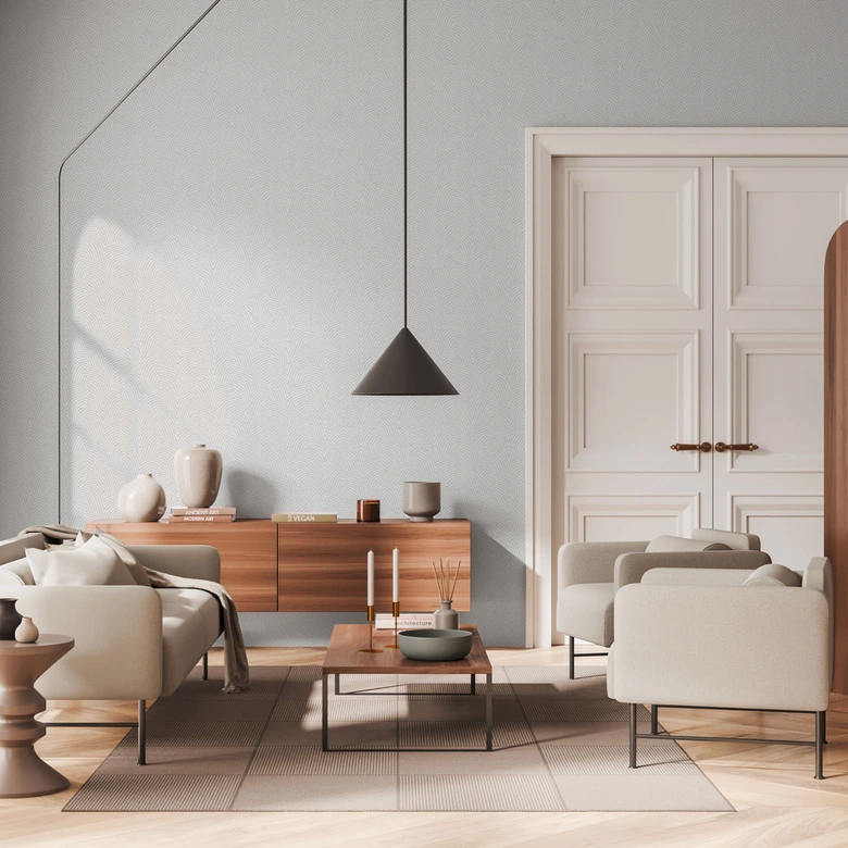 3D wallpaper with line pattern white silver - non-woven wallpaper modern glossy 