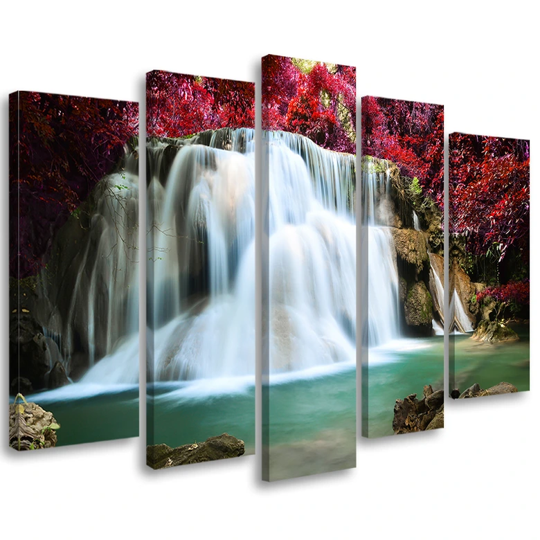 Leinwandbild 5 teilig, Wasserfall Wald Berg 