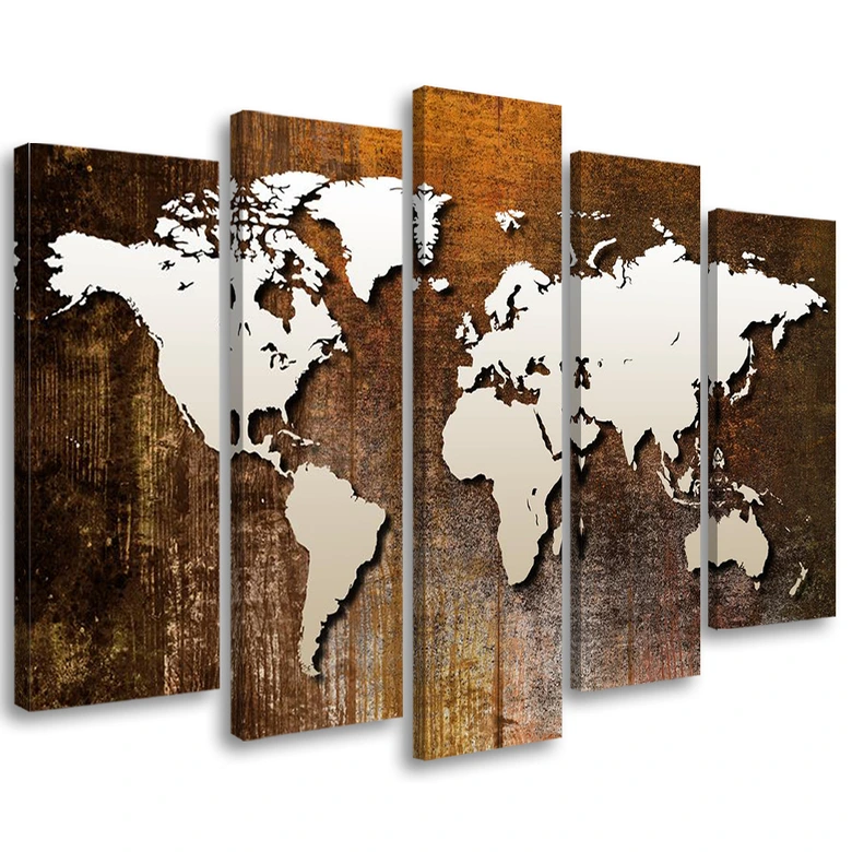 Wandbild 5-teilig, Weltkarte Vintage Shabby Chic 