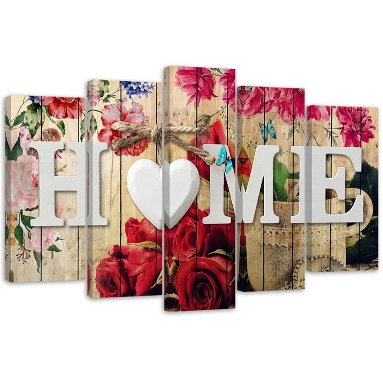 Wandbild 5-teilig, Aufschrift Home mit Rose Blumen 