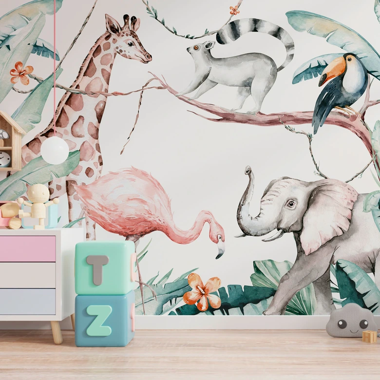 Dieren SafariFriends behang in wit groen - vliesbehang Designwalls 2 - 2,55 x 3,5 m 