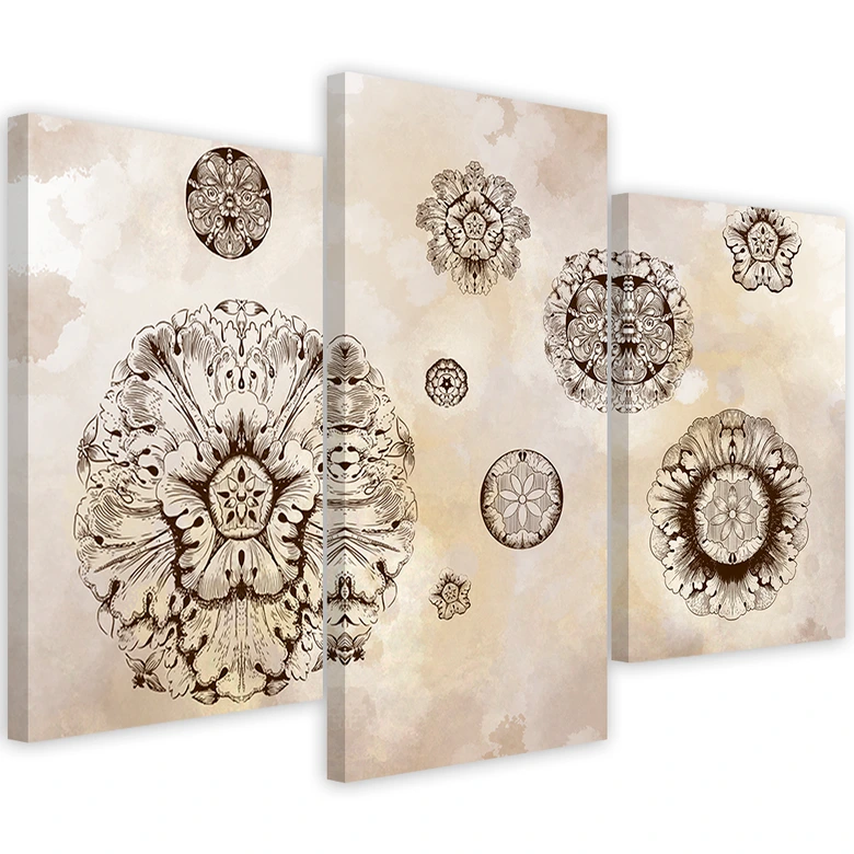 3-delige canvas print, bloemen geometrische vormen 