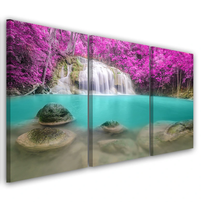 Leinwandbild 3-teilig, Wasserfall-See-Landschaft 