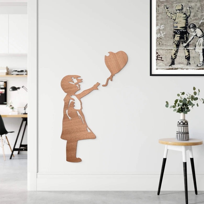 Houten Wanddecoratie Mahoniefineer Banksy - Girl with the Balloon 